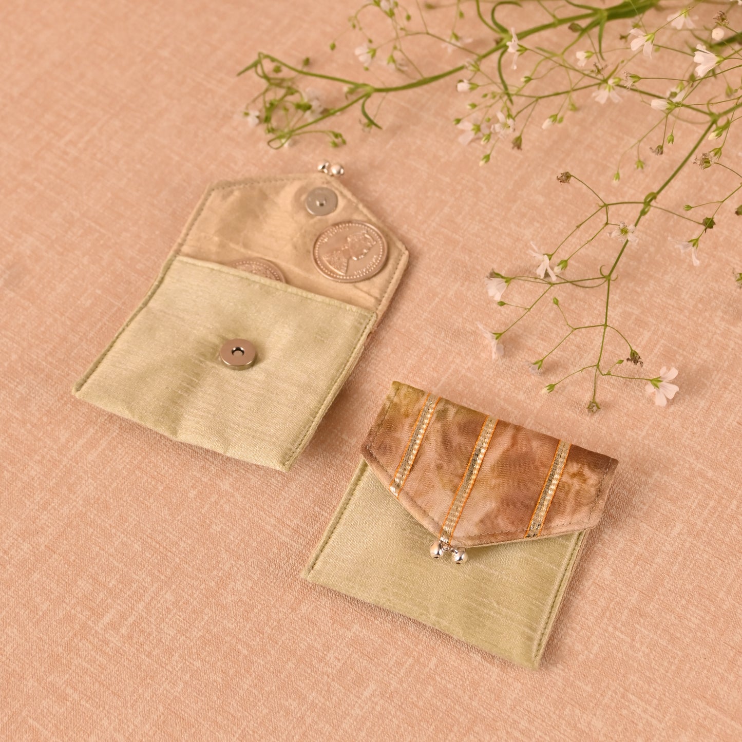 Banaavat Essence Natural Dyed Coin Pouch Set – Rose & Marigold Flap with Gota Embellishment (3.5"x3.5")