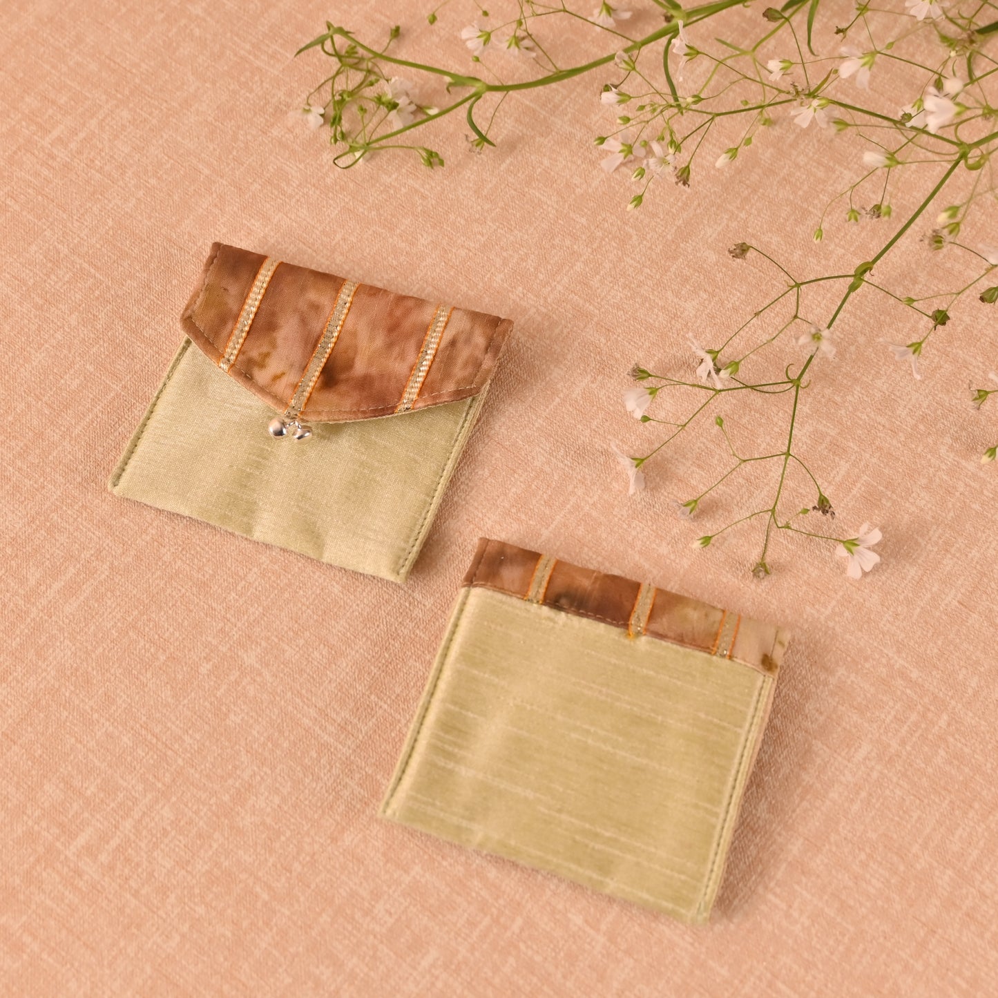 Banaavat Essence Natural Dyed Coin Pouch Set – Rose & Marigold Flap with Gota Embellishment (3.5"x3.5")