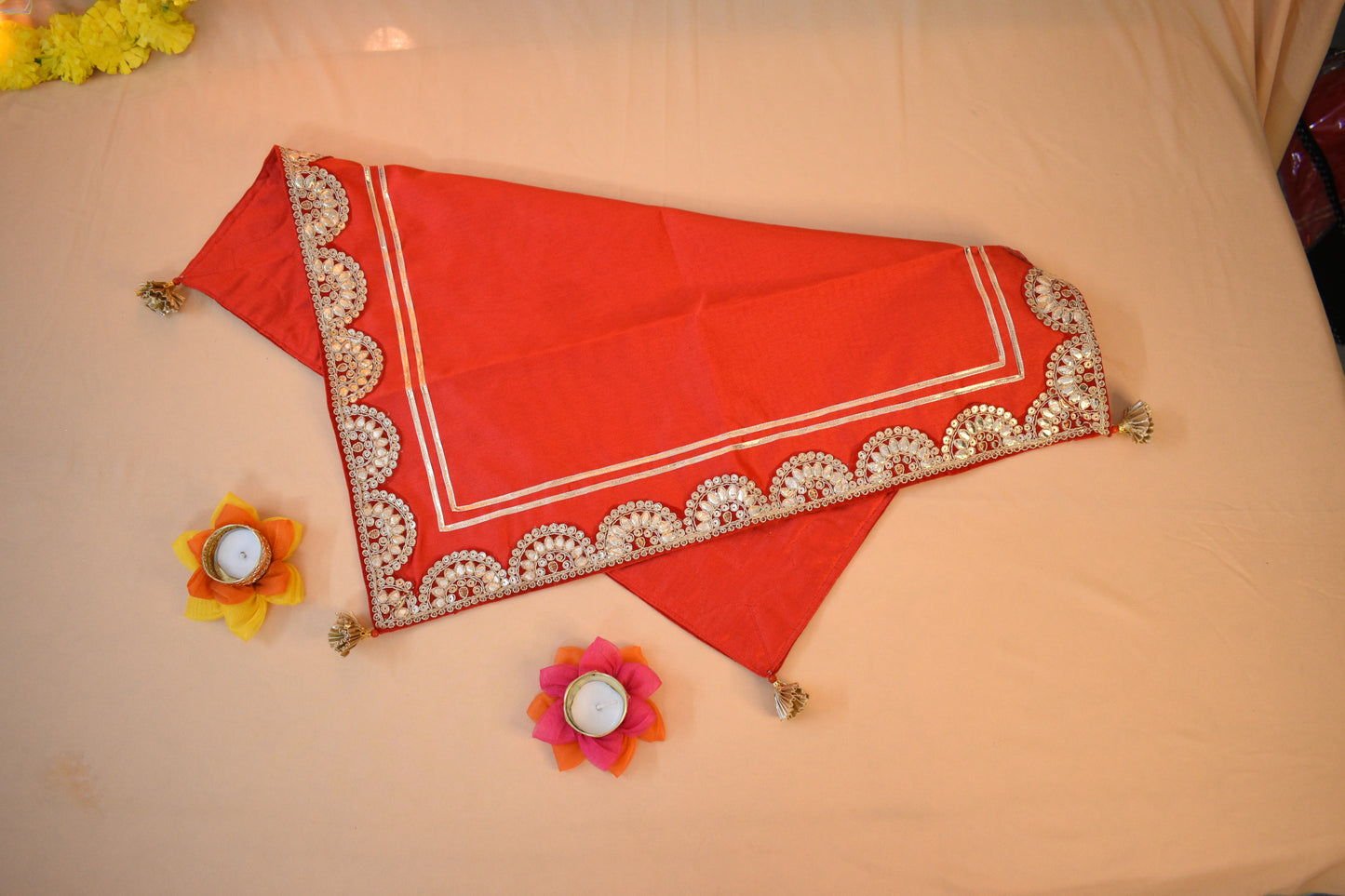 Handcrafted Chowki Covers Red Color – Perfect for Festive Poojas