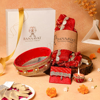 DIY Thaal Decor Set- Thaal Cover, Kalash Cover, Thaal Posh, Square Money Envelope Set - Vibrant Red Bandhej Print