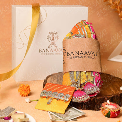 DIY Thaal Decor Set - Thaal Cover, Kalash Cover, Thaal Posh, Square Money Envelope Set - Vibrant Yellow and Orange