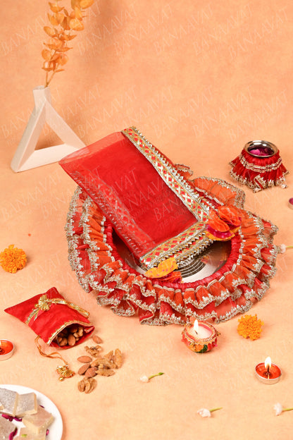 DIY Thaal Decor set - Thaal Fryll, Kalash Fryll, Thaal Posh, Mini Potli Set - Vibrant Red and Orange