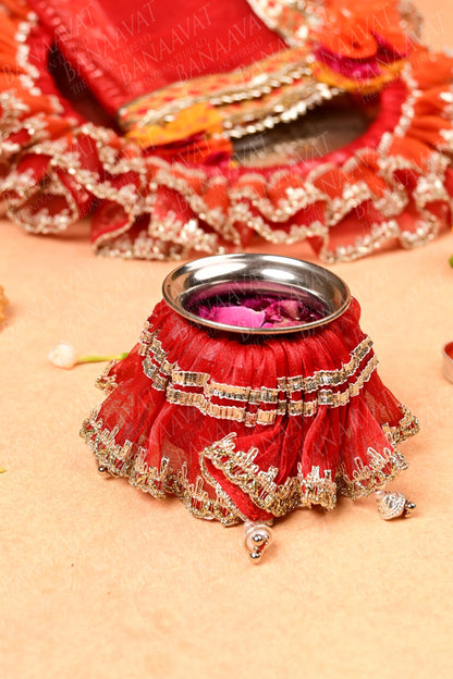 DIY Thaal Decor set - Thaal Fryll, Kalash Fryll, Thaal Posh, Mini Potli Set - Vibrant Red and Orange