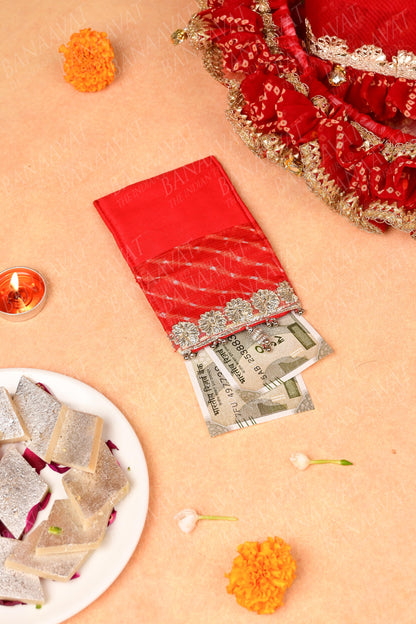 DIY Thaal Decor Set- Thaal Cover, Kalash Cover, Thaal Posh, Square Money Envelope Set - Vibrant Red Bandhej Print