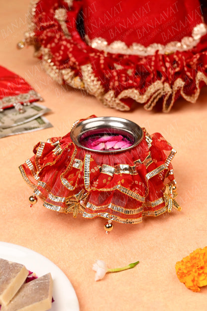 DIY Thaal Decor Set- Thaal Cover, Kalash Cover, Thaal Posh, Square Money Envelope Set - Vibrant Red Bandhej Print