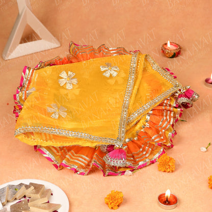 DIY Thaal Decor Set - Thaal Cover, Kalash Cover, Thaal Posh, Square Money Envelope Set - Vibrant Yellow and Orange