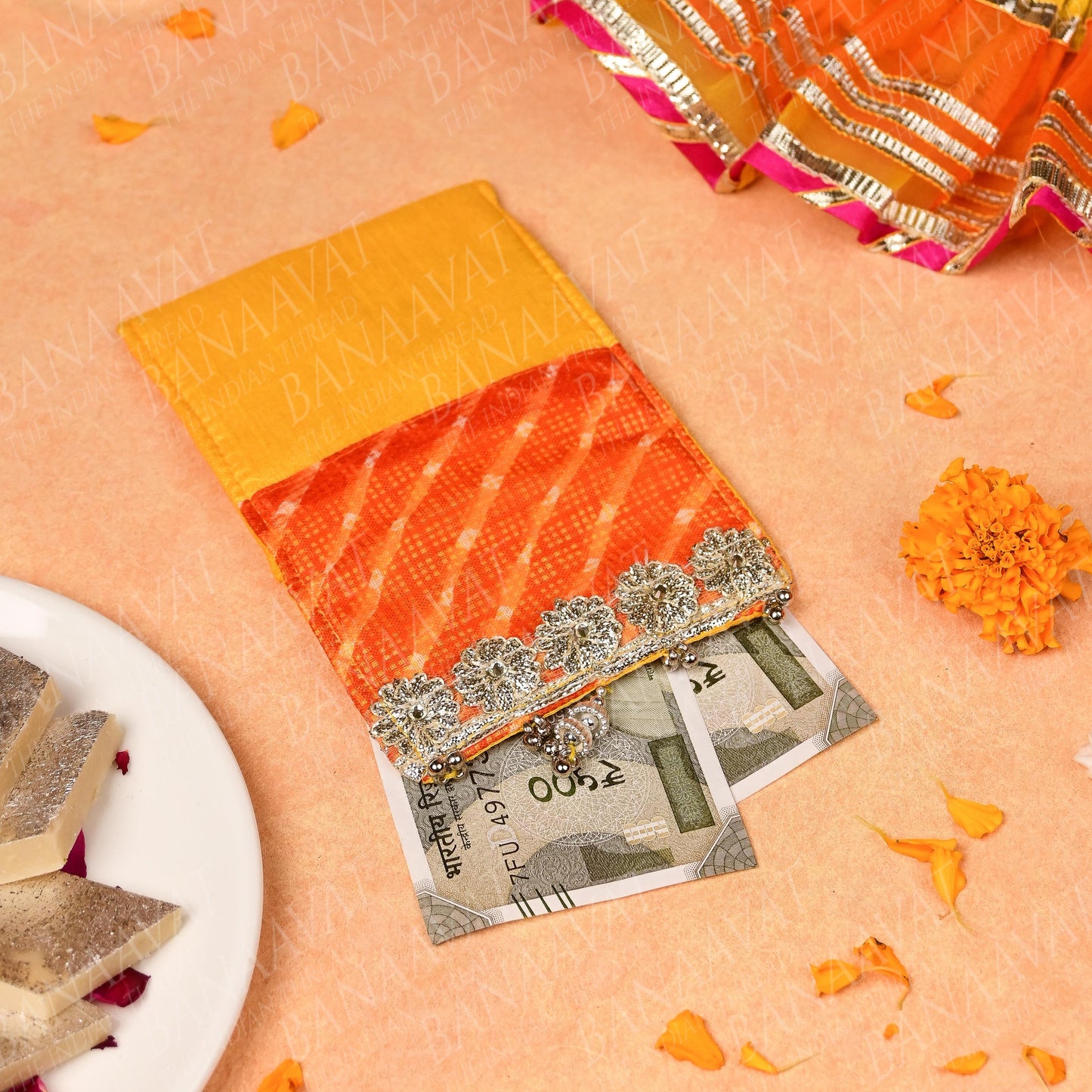 DIY Thaal Decor Set - Thaal Cover, Kalash Cover, Thaal Posh, Square Money Envelope Set - Vibrant Yellow and Orange