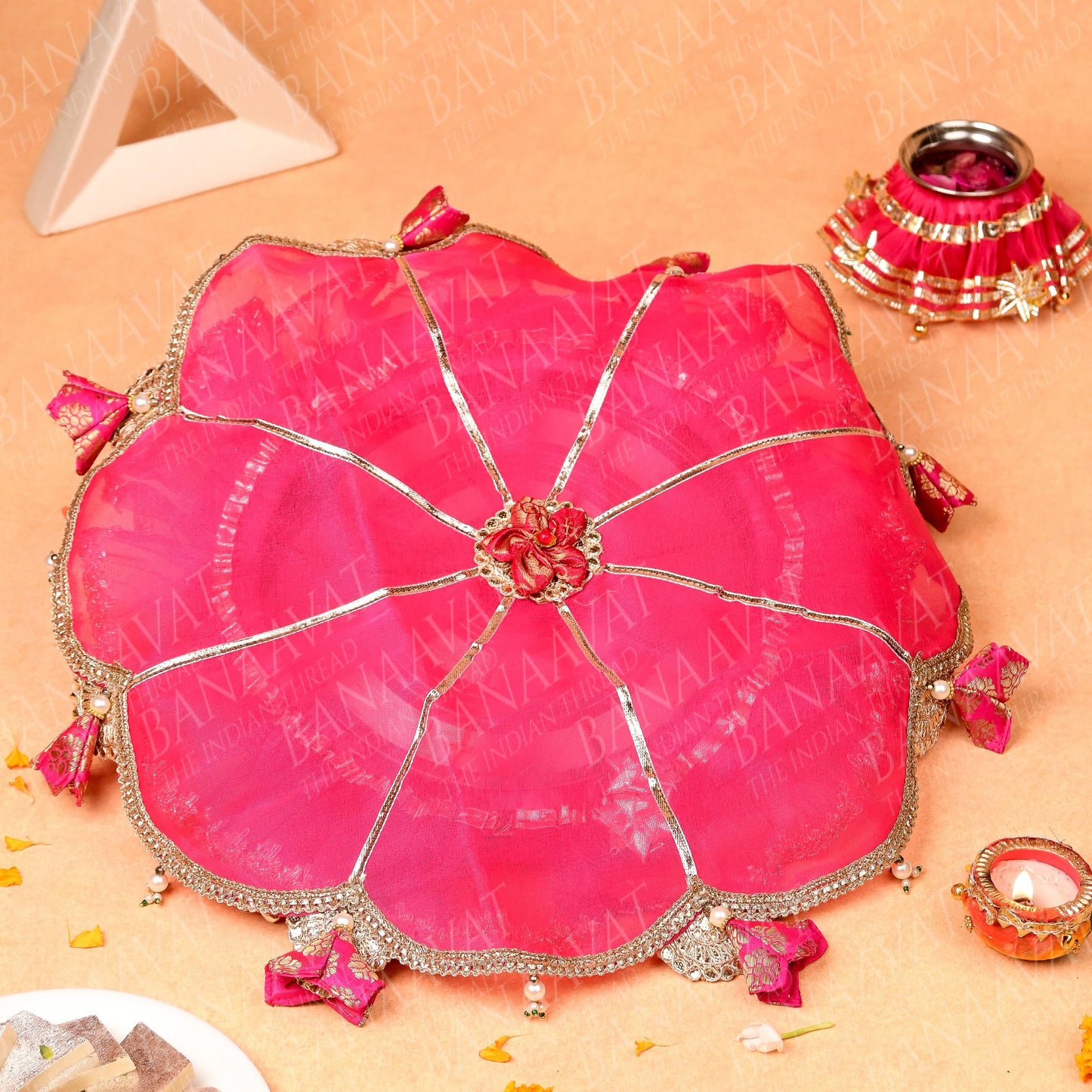 DIY Thaal Decor Set -  Thaal Cover, Kalash Cover, Thaal Posh Set - Vibrant Hot Pink