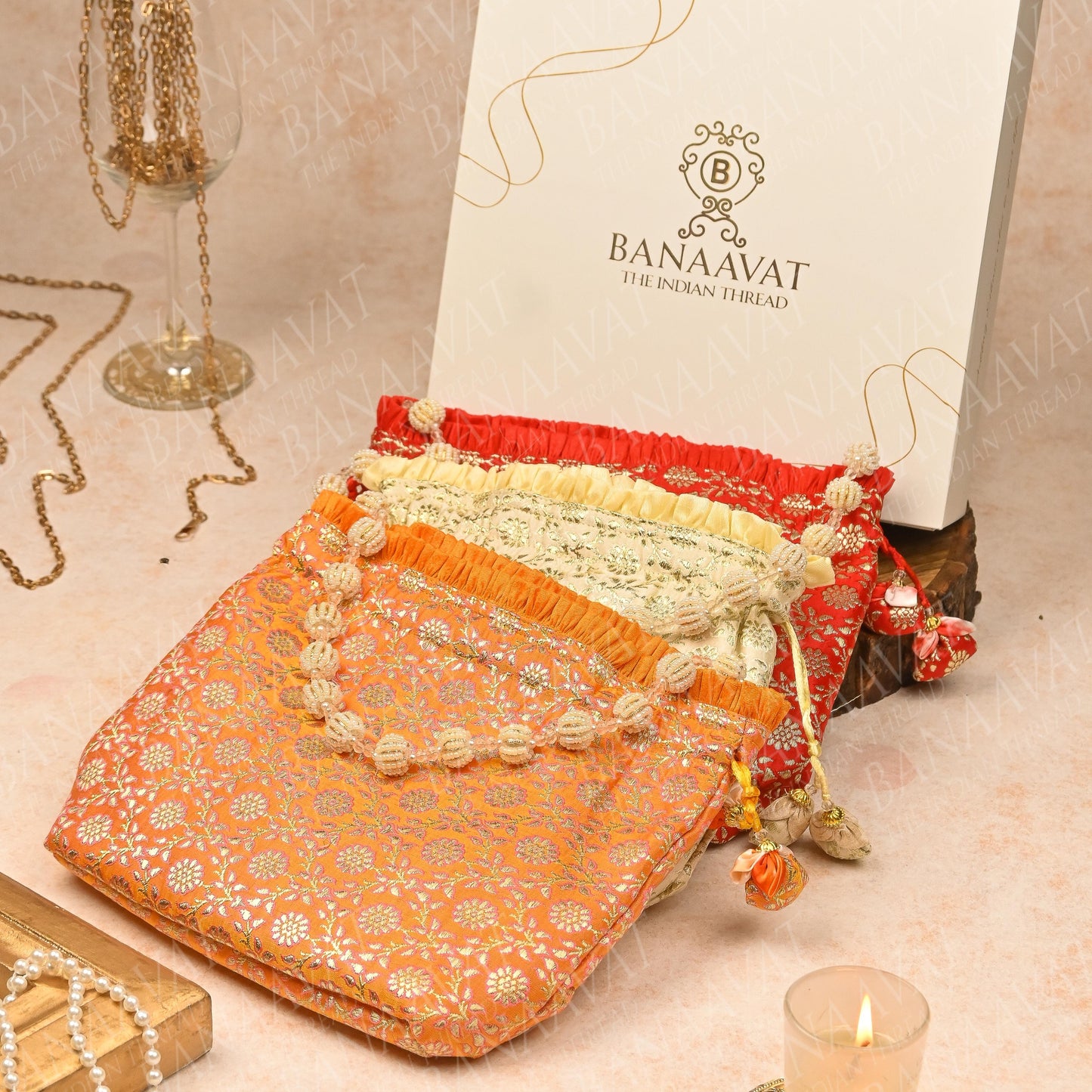 Brocade Potli Purse with Pearl Handle and Tassels