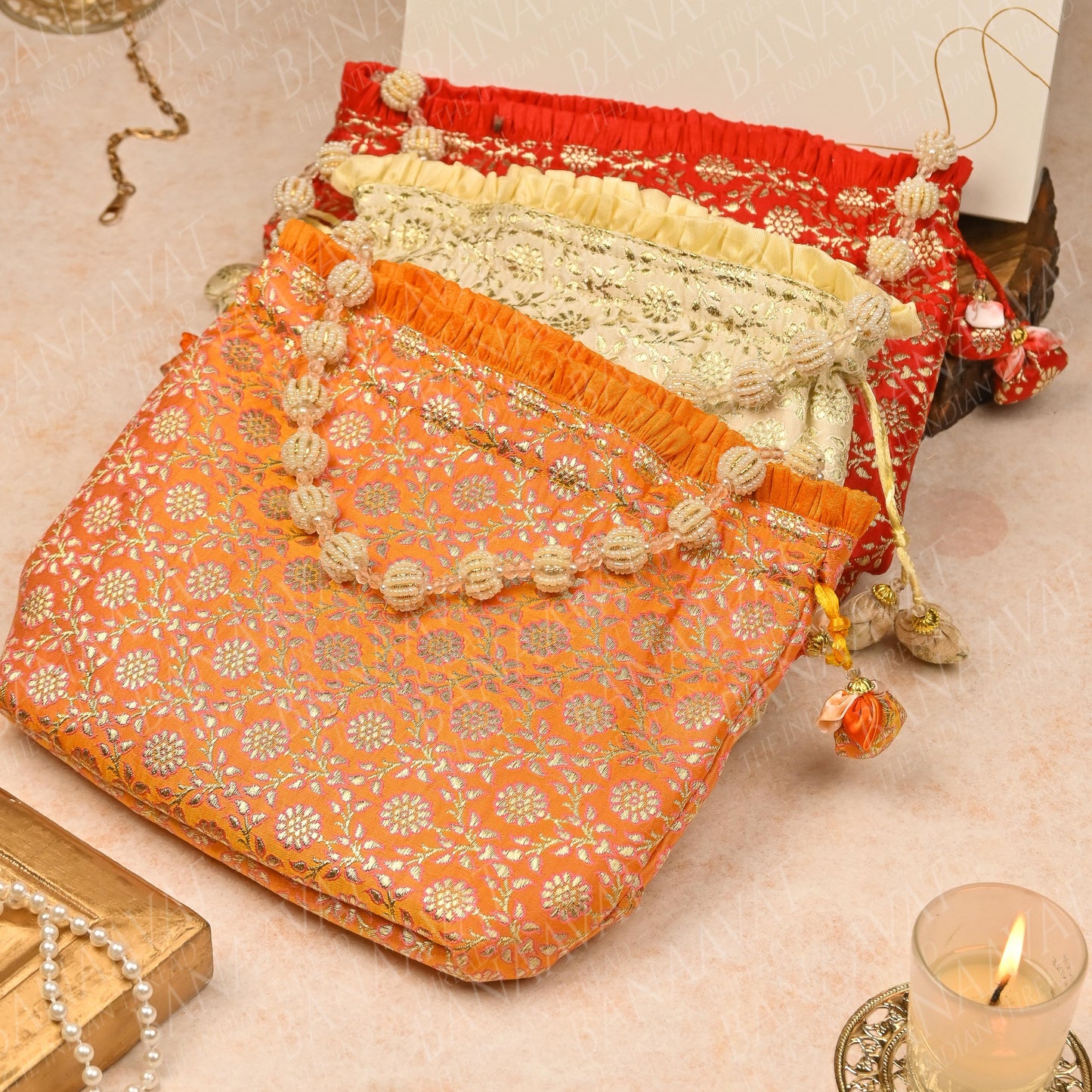 Brocade Potli Purse with Pearl Handle and Tassels