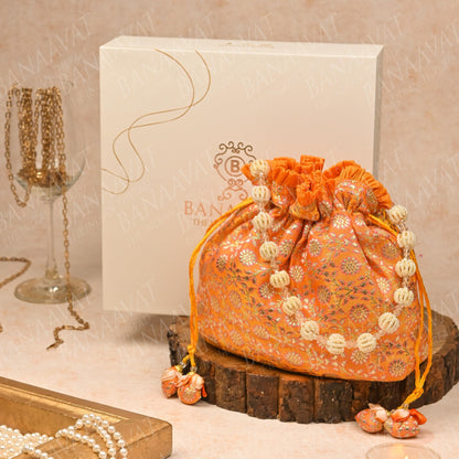 Brocade Potli Purse with Pearl Handle and Tassels