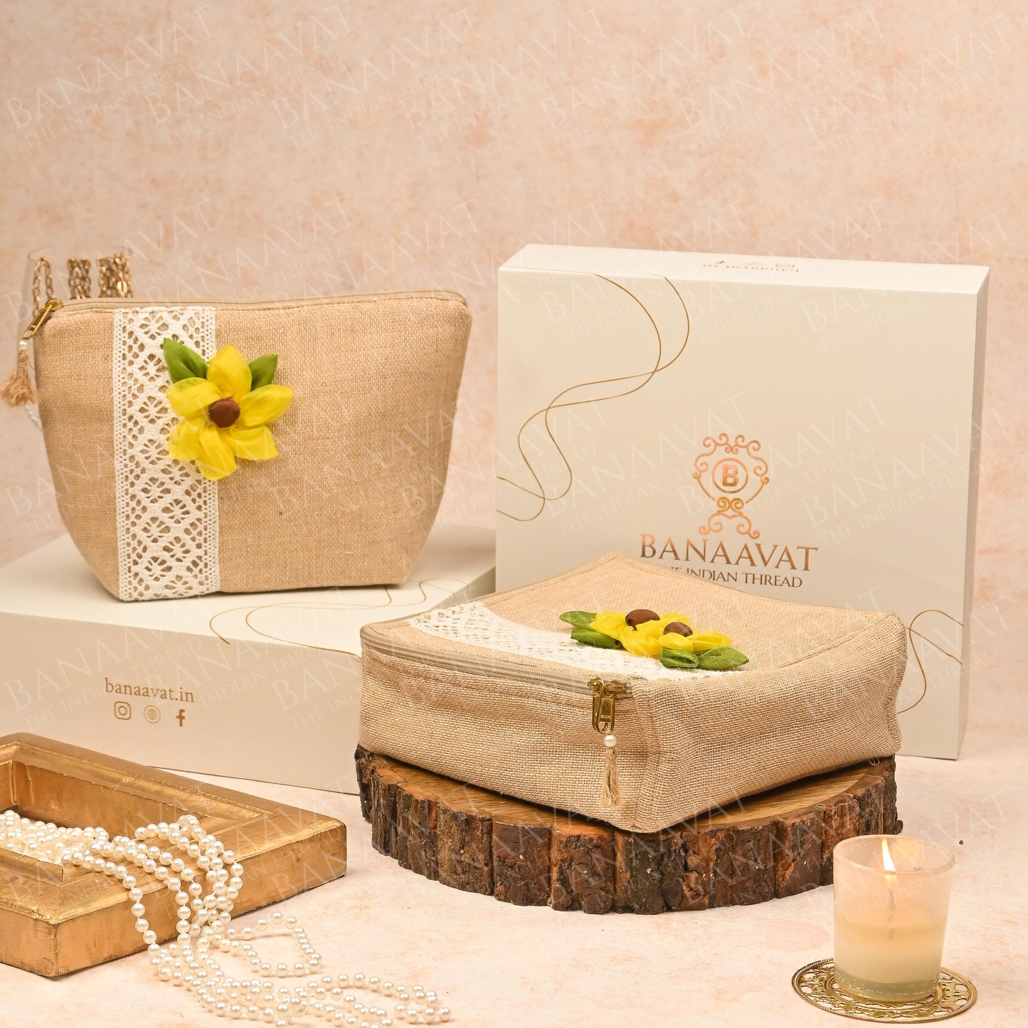 Jute Organizer Combo Set with Handcrafted Sunflower Embellishments - Organize in Style