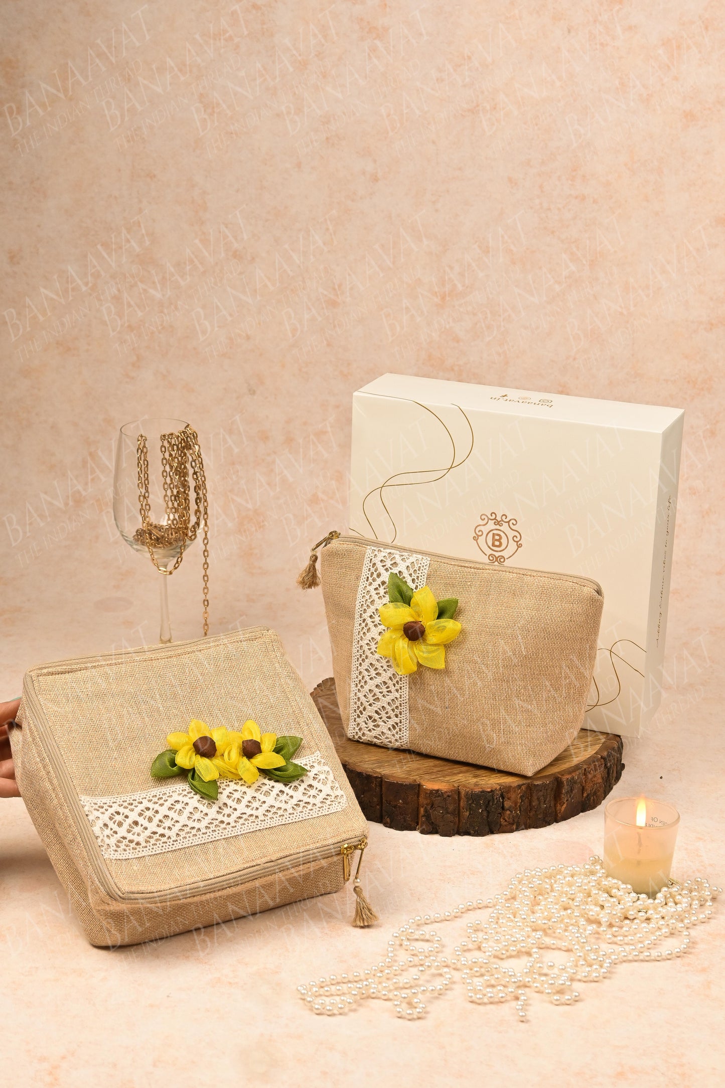 Jute Organizer Combo Set with Handcrafted Sunflower Embellishments - Organize in Style
