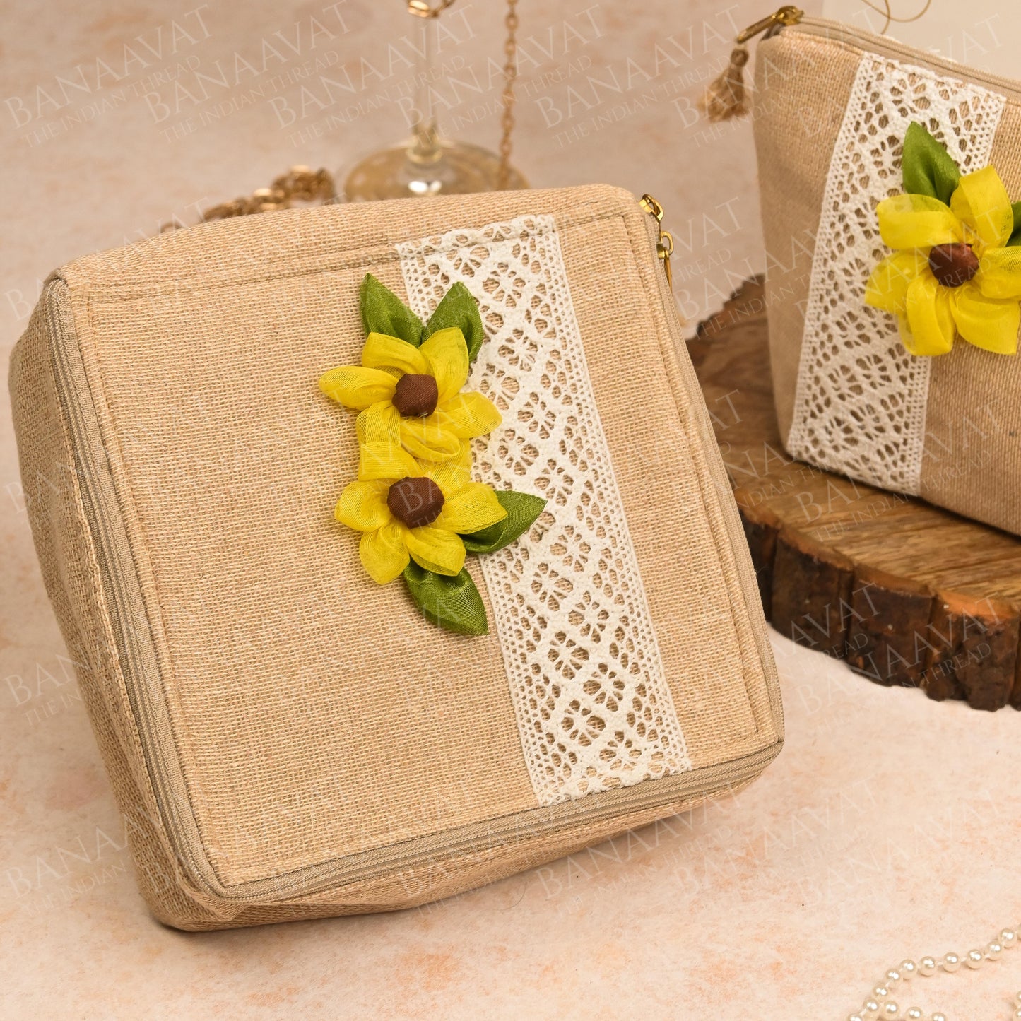 Jute Organizer Combo Set with Handcrafted Sunflower Embellishments - Organize in Style