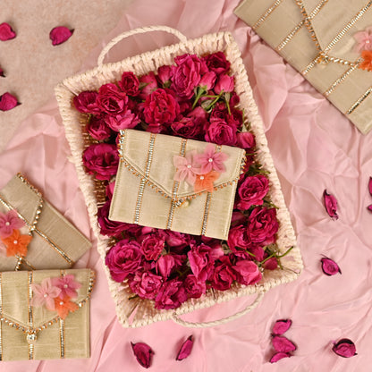 Saanjh Collection - 5-Piece Set: Saree Cover, Favor Potlis, Jewelry Organizer with Detachable Pouches, Coin Pouch, Money Envelope in Pastel Pista Green