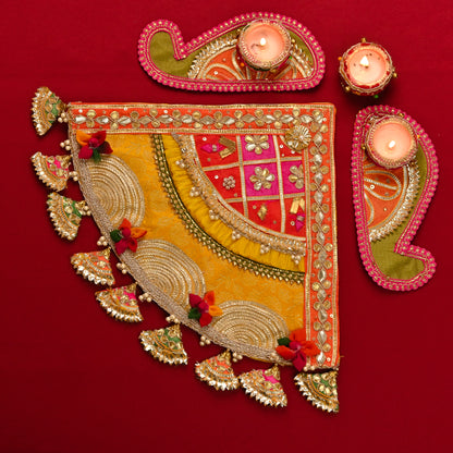 3-Piece Handcrafted Fabric Corner Rangoli with Diya Set – Eco-Friendly & Reusable Décor