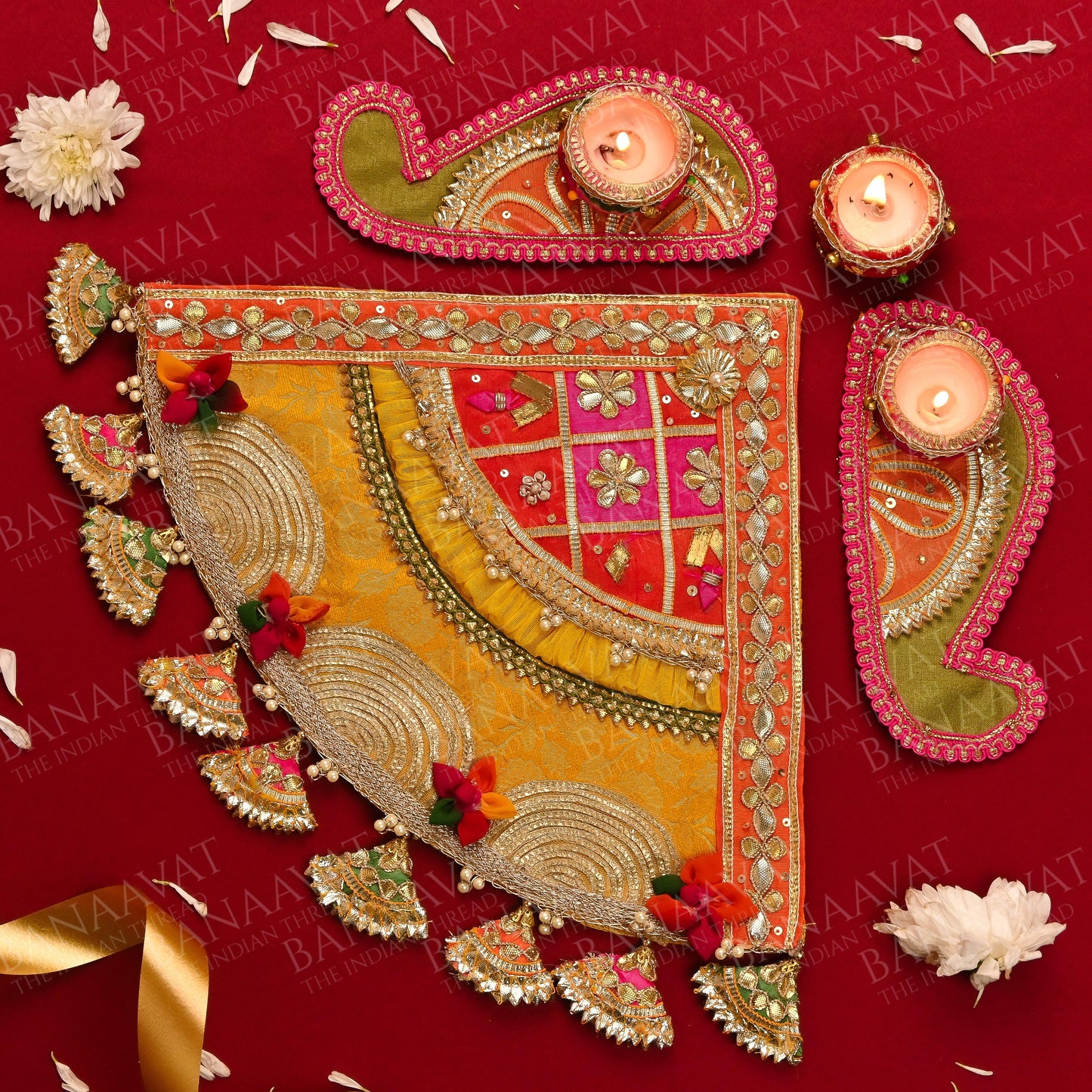 Diwali Gift Hamper Set - Handcrafted Corner Rangoli, Laxmi Charan, Shubh Laabh, and Laxmi Ganesh Aasan