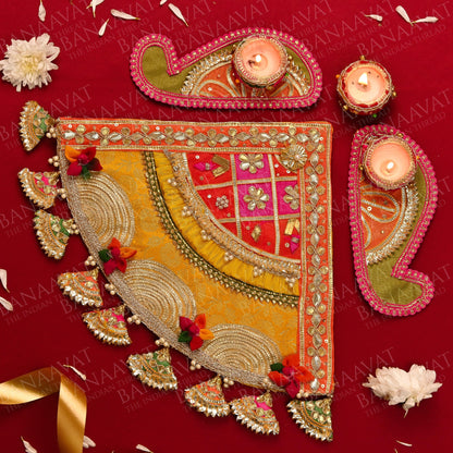 Diwali Gift Hamper Set - Handcrafted Corner Rangoli, Laxmi Charan, Shubh Laabh, and Laxmi Ganesh Aasan