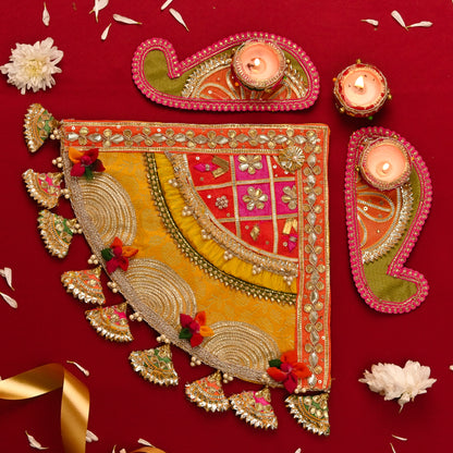 3-Piece Handcrafted Fabric Corner Rangoli with Diya Set – Eco-Friendly & Reusable Décor
