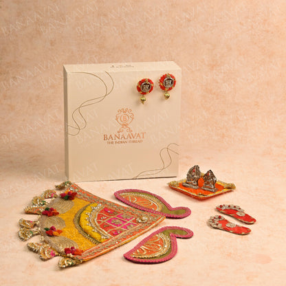Diwali Gift Hamper Set - Handcrafted Corner Rangoli, Laxmi Charan, Shubh Laabh, and Laxmi Ganesh Aasan