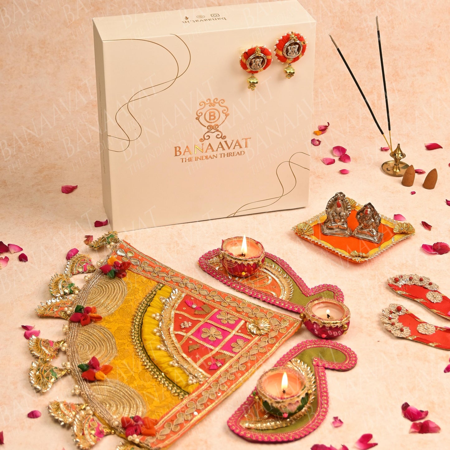 Diwali Gift Hamper Set - Handcrafted Corner Rangoli, Laxmi Charan, Shubh Laabh, and Laxmi Ganesh Aasan