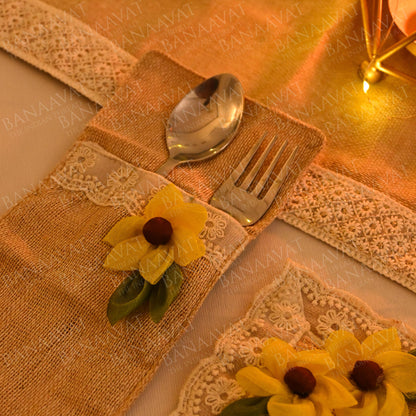 Jute Table Decor Set - Placemats, Runner, Cutlery Organizers