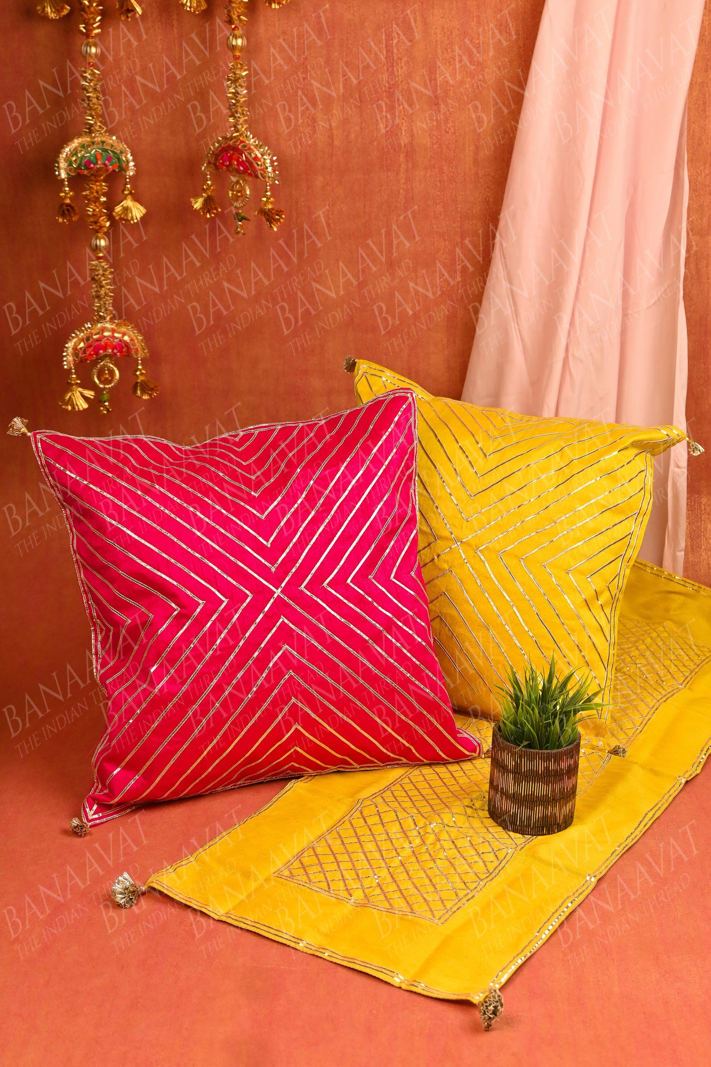 Elegant Gota Line Cushion Covers (Set of  5), along with matching Runner