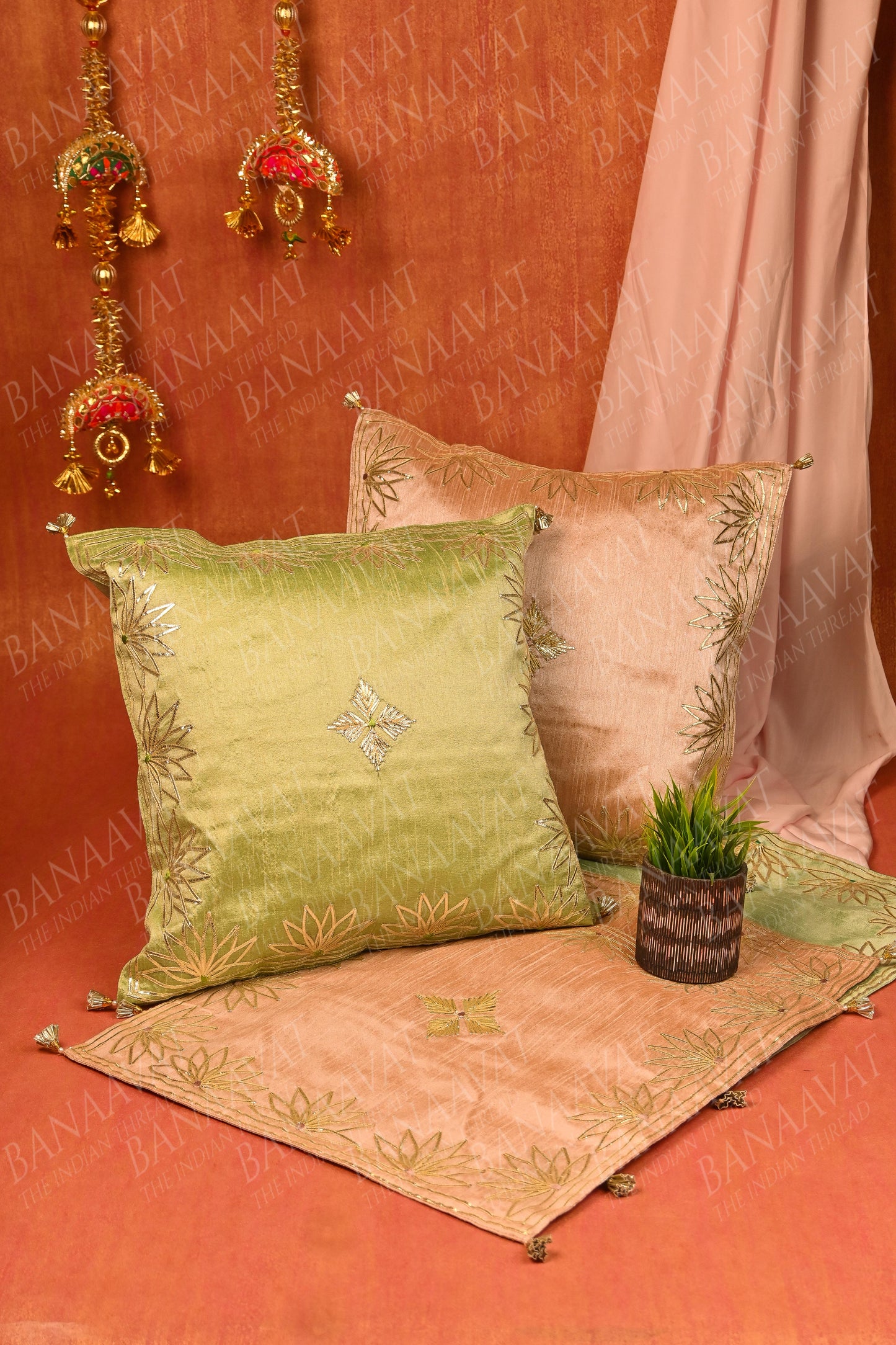 Set of 5 Gota Patti Lotus Petals Cushion Covers (16x16 inch) - Beige and Green"
