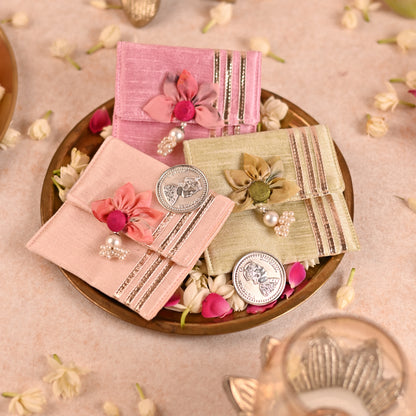 Banaavat Essence Silk Coin Pouch Set of 2 – Handcrafted Sunflower Flap & Pearl Embellishments (3.5"x3.5")