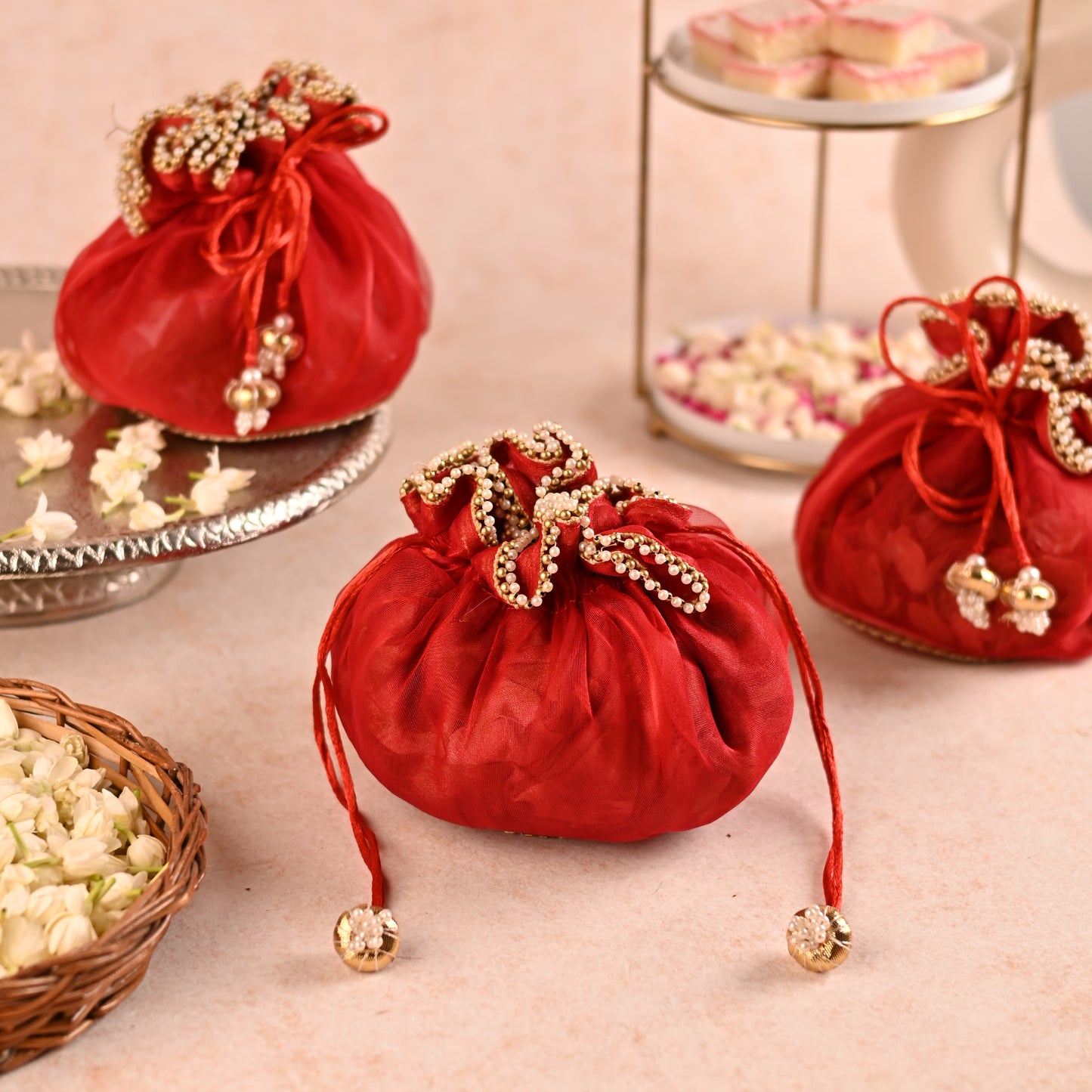 Red Handi-Shaped Favor Potli with Pearl Lace