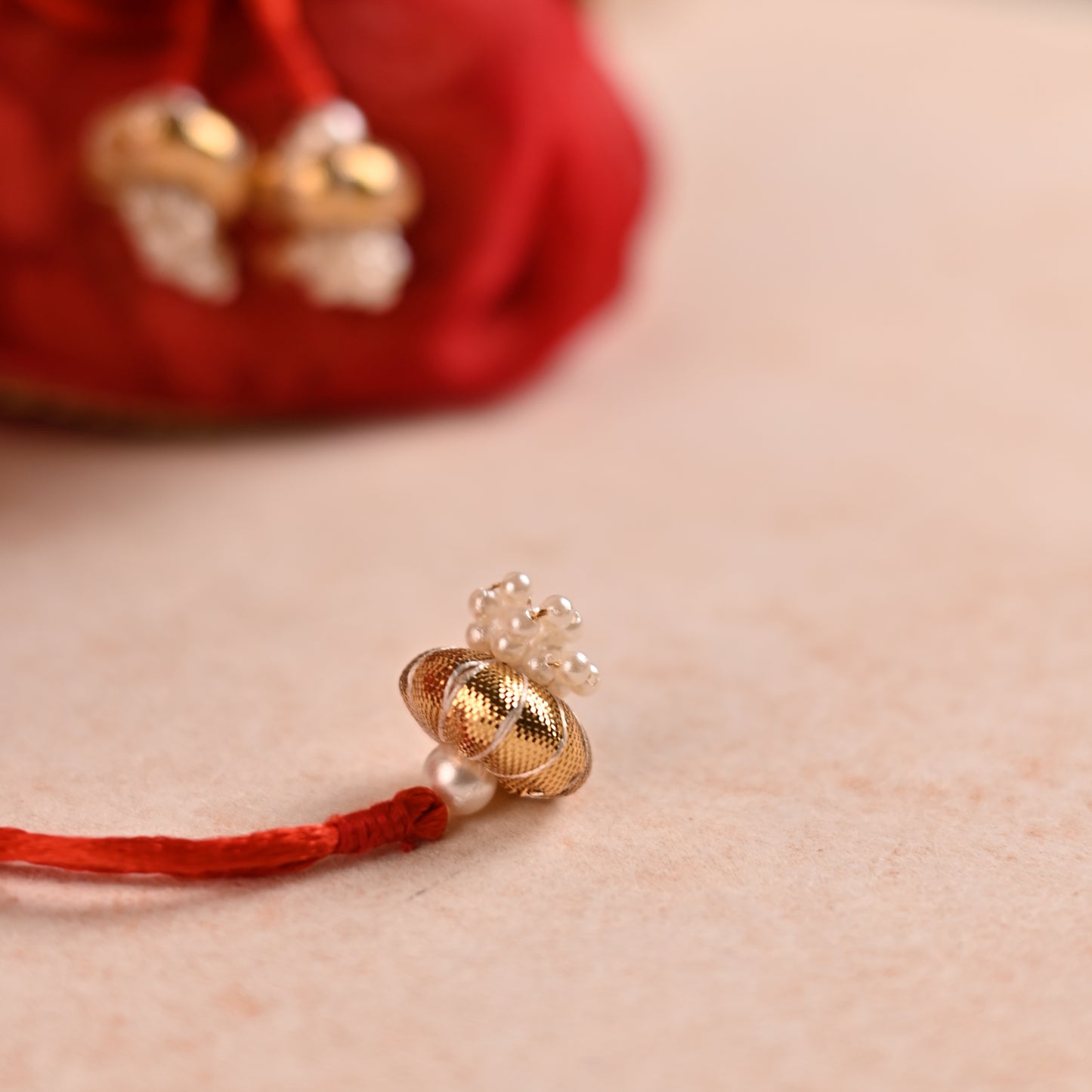 Red Handi-Shaped Favor Potli with Pearl Lace