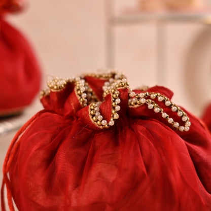 Red Handi-Shaped Favor Potli with Pearl Lace