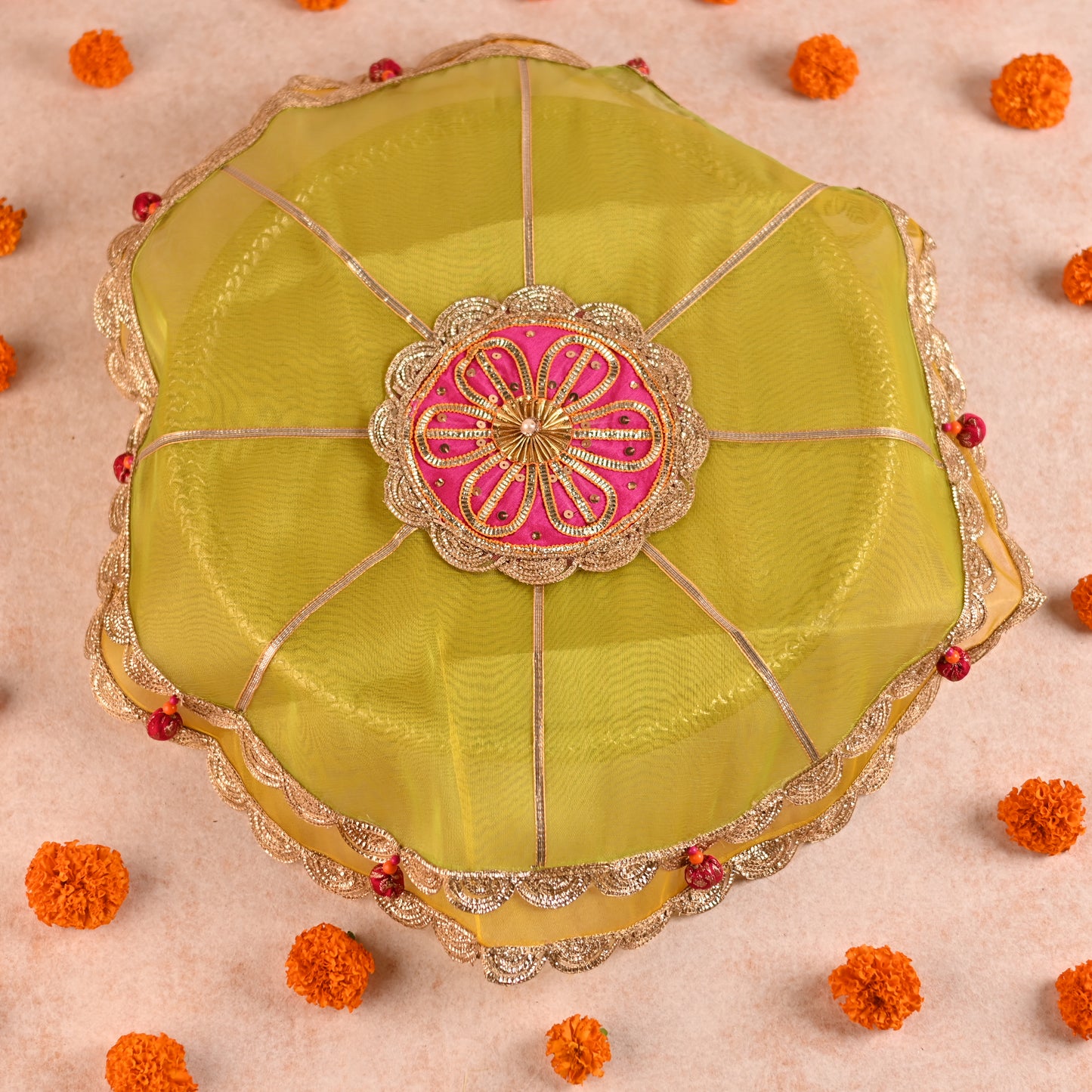 DIY Thaal Decor Set - Set of 3 (Thaal Fryll, Kalash Fryll, Thaal Posh) -Green  Pink Color