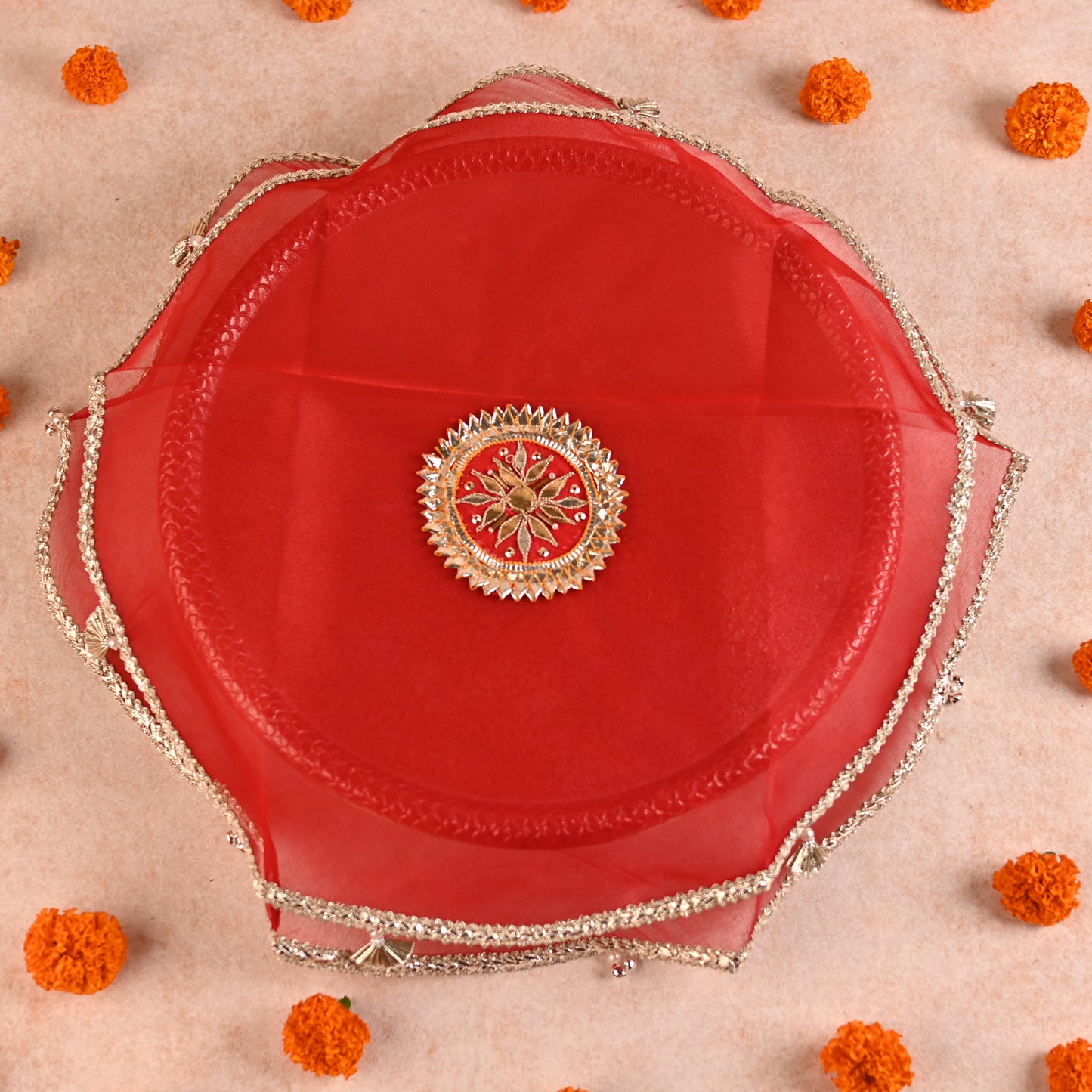 DIY Thaal Decor Set - Set of 3 (Thaal Fryll, Kalash Fryll, Thaal Posh) -Red Orange Color