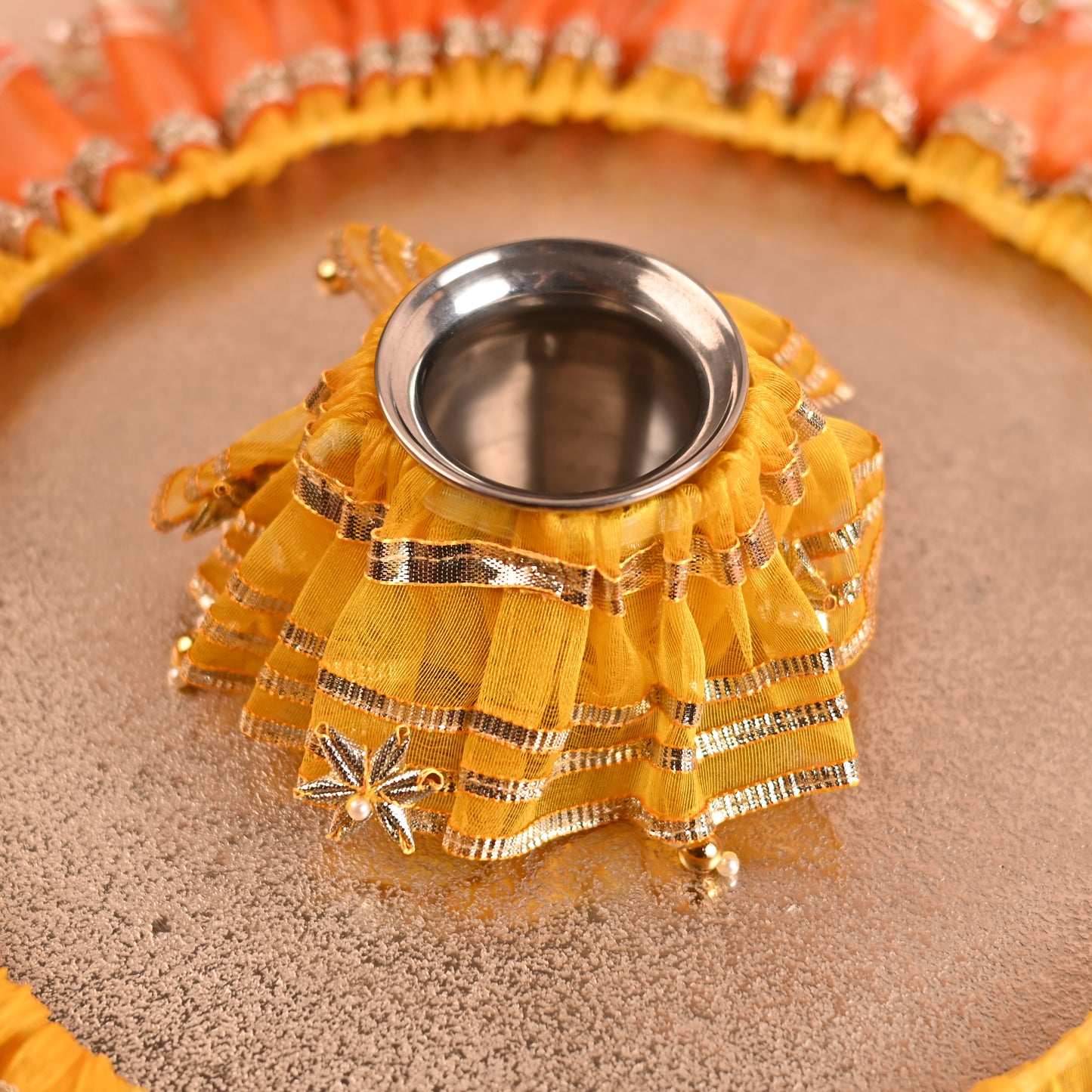 DIY Thaal Decor Set - Set of 3 (Thaal Fryll, Kalash Fryll, Thaal Posh) -Yellow Orange Color