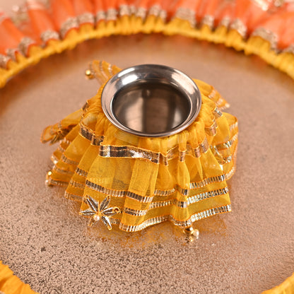 DIY Thaal Decor Set - Set of 3 (Thaal Fryll, Kalash Fryll, Thaal Posh) -Yellow Orange Color