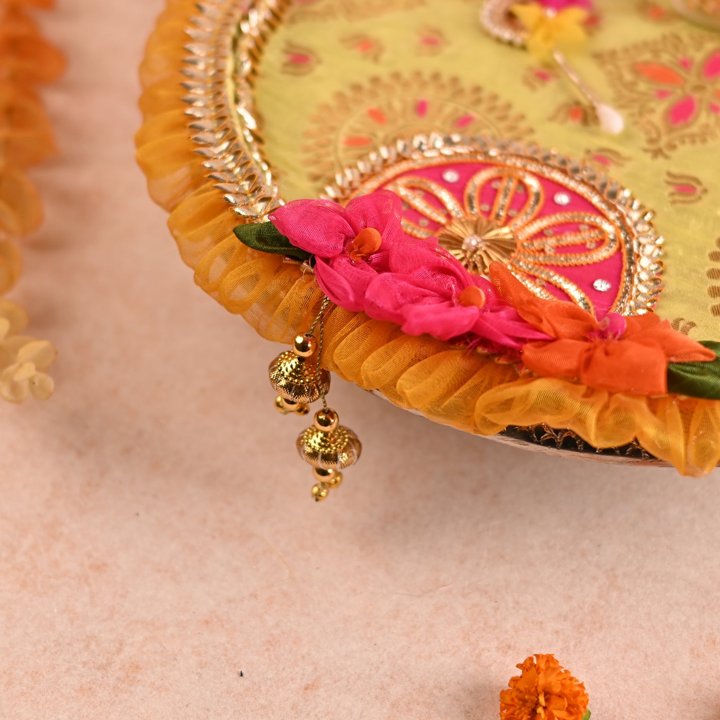 Decorated Aarti Thaal Set with Roli Chawal Bowls, Kalash, and Tilak Stick - Green