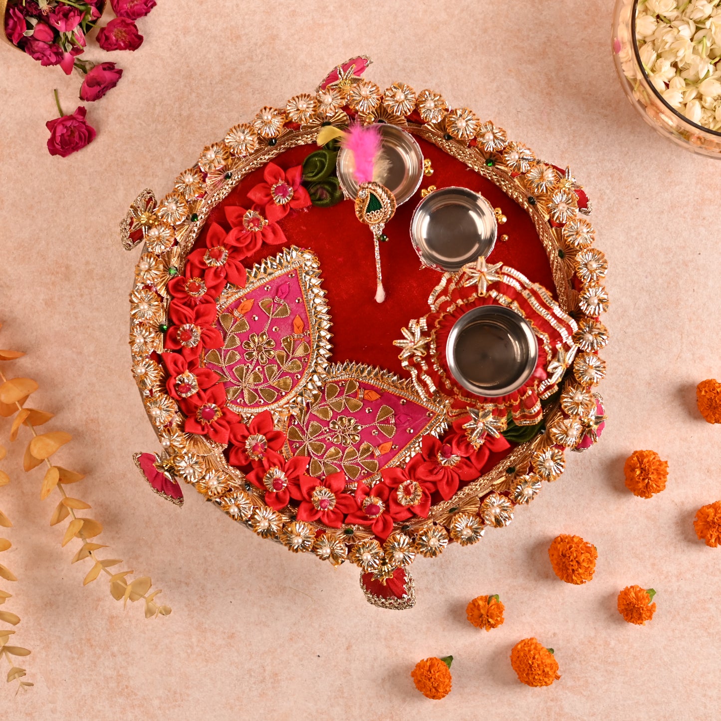 Decorated Aarti Thaal Set with Roli Chawal Bowls, Kalash, and Tilak Stick - Red