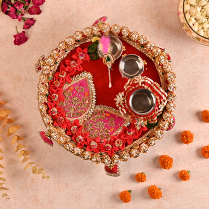 Decorated Aarti Thaal Set with Roli Chawal Bowls, Kalash, and Tilak Stick - Red