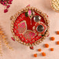 Decorated Aarti Thaal Set with Roli Chawal Bowls, Kalash, and Tilak Stick - Red