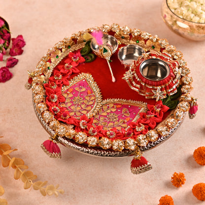 Decorated Aarti Thaal Set with Roli Chawal Bowls, Kalash, and Tilak Stick - Red
