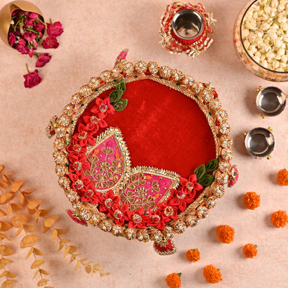 Decorated Aarti Thaal Set with Roli Chawal Bowls, Kalash, and Tilak Stick - Red