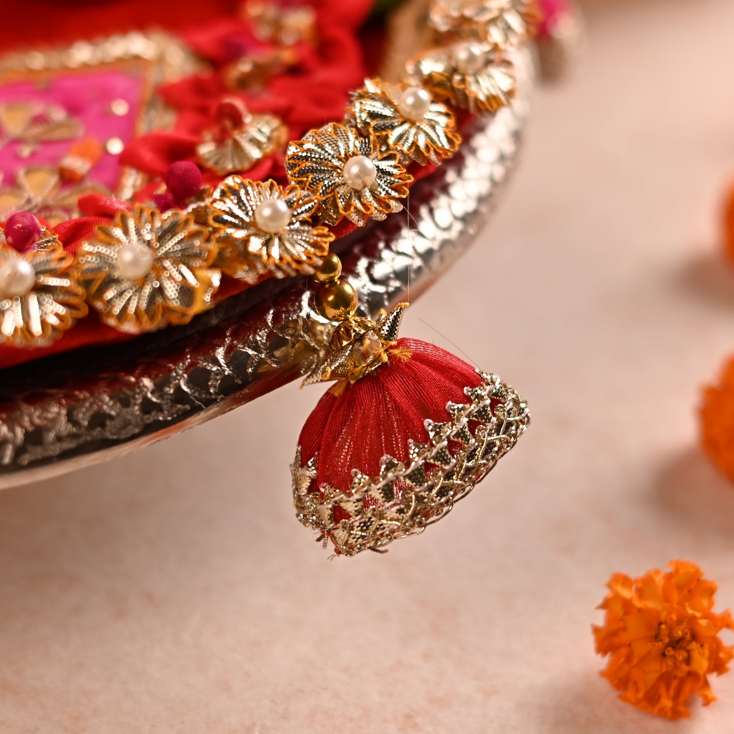 Decorated Aarti Thaal Set with Roli Chawal Bowls, Kalash, and Tilak Stick - Red