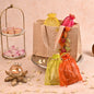 Jute Hamper Bag with Multicolor Handcrafted Flowers and 4 Tissue Potlis