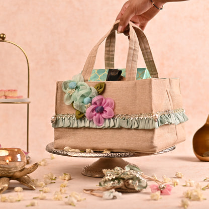 Jute Hamper Bag with Wooden Base and Handcrafted Floral Detailing