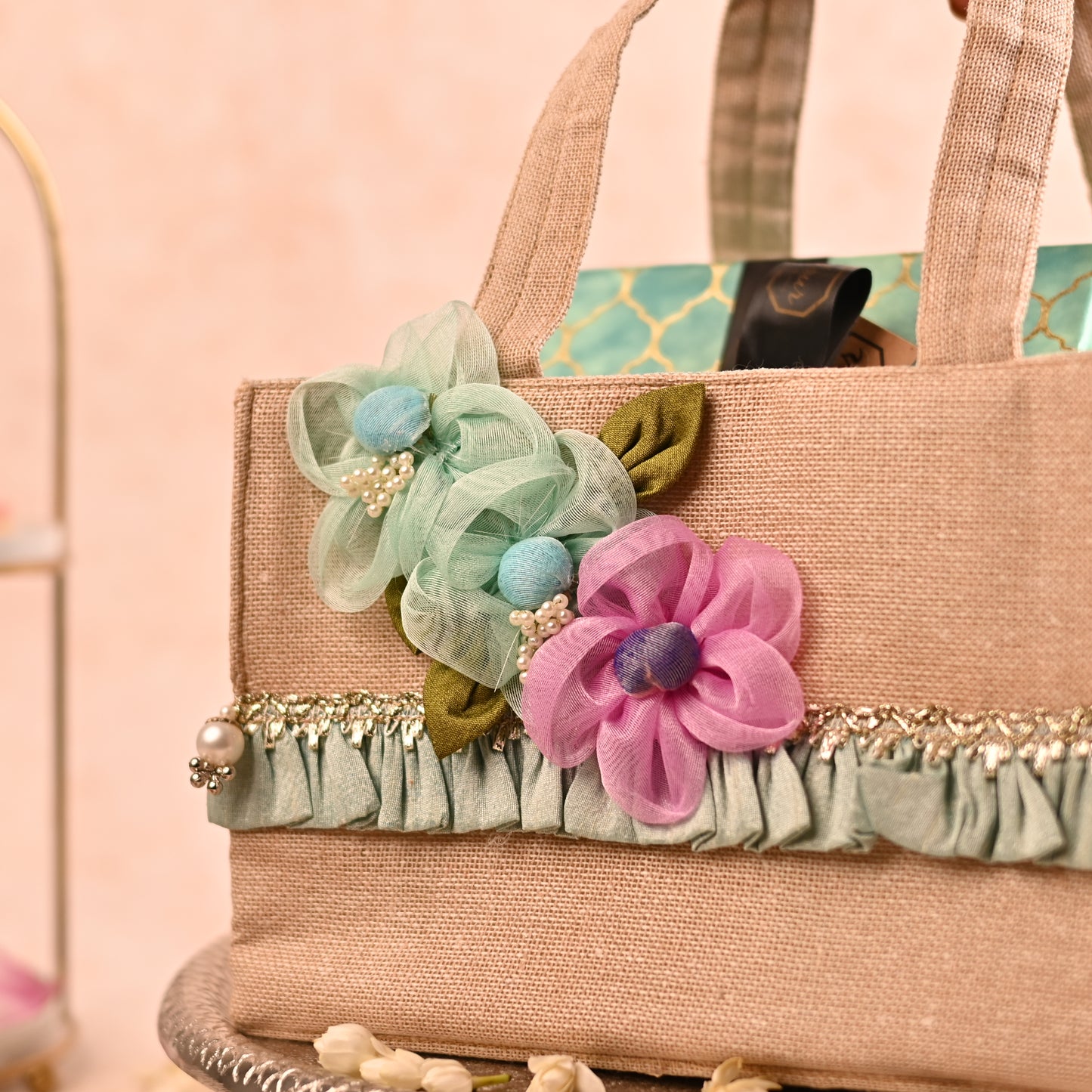 Jute Hamper Bag with Wooden Base and Handcrafted Floral Detailing