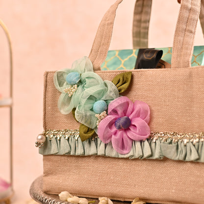 Jute Hamper Bag with Wooden Base and Handcrafted Floral Detailing