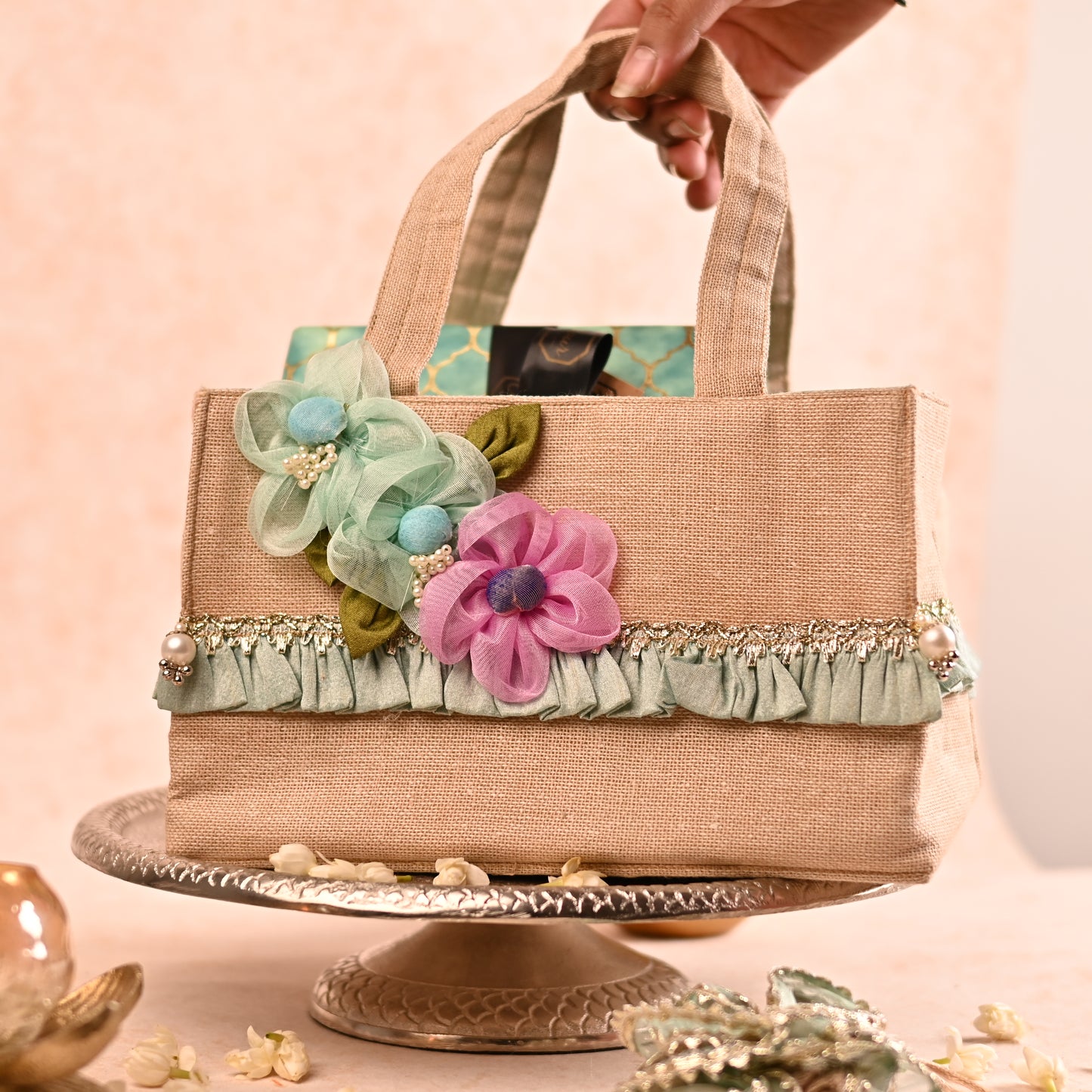 Jute Hamper Bag with Wooden Base and Handcrafted Floral Detailing