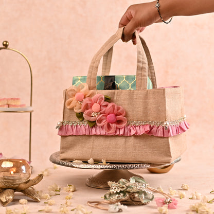 Jute Hamper Bag with Wooden Base and Handcrafted Floral Detailing