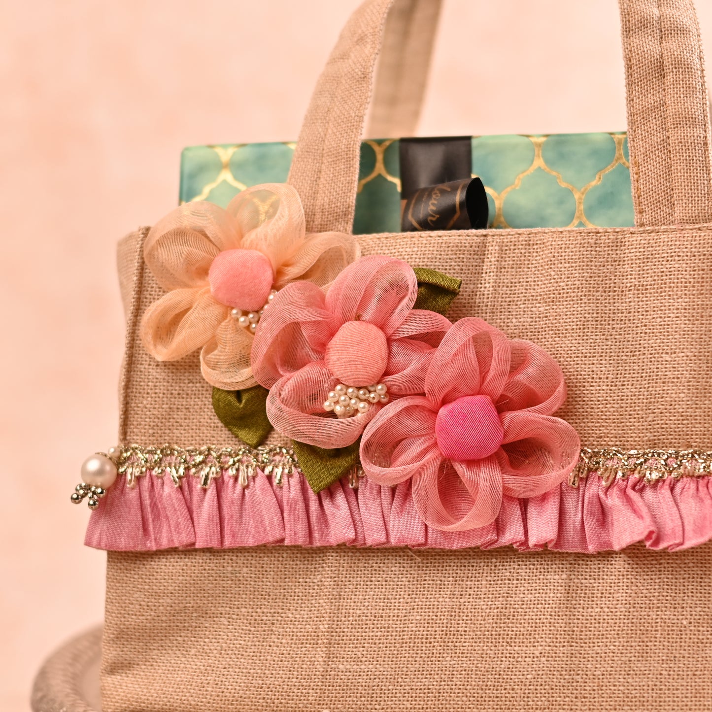 Jute Hamper Bag with Wooden Base and Handcrafted Floral Detailing